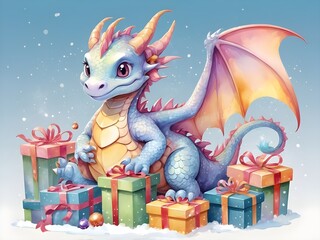 Obraz premium abstract pastel Fantasy cute dragon with gifts christmas watercolor Cartoon dragon New Year illustration