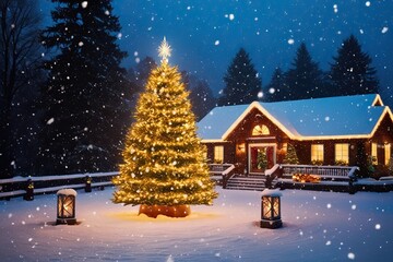 Enchanting Christmas Night in a Winter Wonderland Featuring a Luminous Christmas Tree and Gentle Snowfall