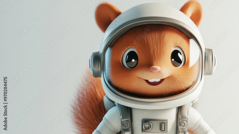 Poster A cute cartoon squirrel in an astronaut suit, smiling against a plain background.