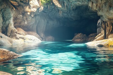 Fototapeta premium Digital Escape: Pixelated Cave with Underground River and Serene Open Water Area for Copy Space