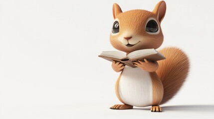 Fototapeta premium A cute cartoon squirrel holding an open book, showcasing a playful and educational theme.