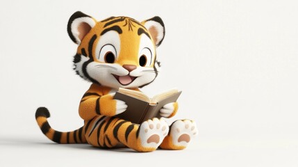 A cute cartoon tiger character reading a book, emphasizing learning and curiosity.