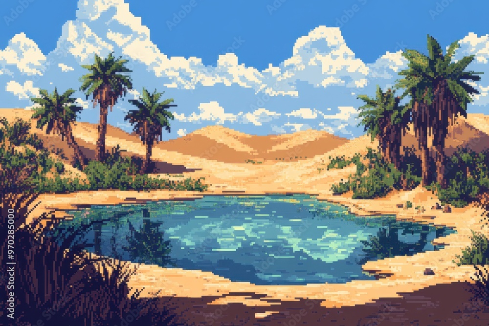 Poster pixelated oasis in 8-bit desert with palm trees - retro video game style background with copy space