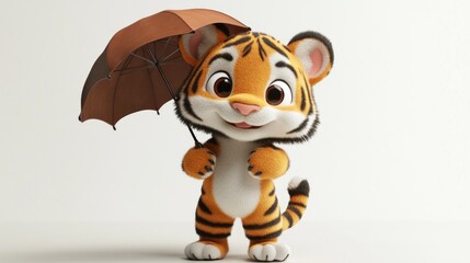 A cute cartoon tiger holding a brown umbrella, exuding a cheerful vibe.