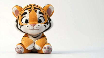 A cute cartoon tiger plush toy sitting and smiling, designed for children's entertainment.