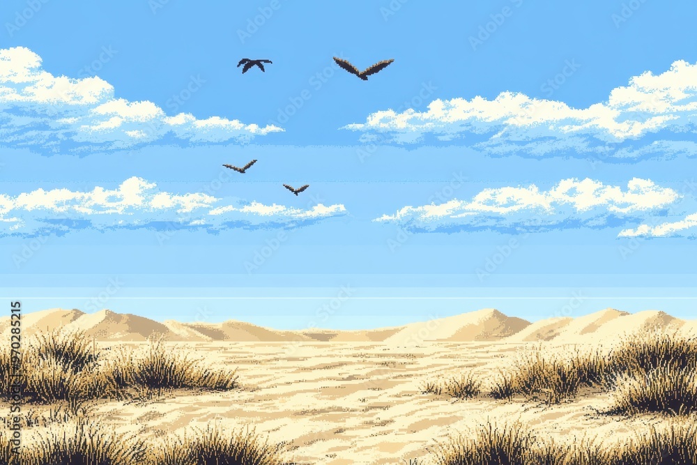 Poster retro 8-bit desert oasis scene with pixelated birds and clear sky copy space for design