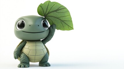 Fototapeta premium A cute cartoon turtle holding a large leaf, exuding a playful and friendly vibe.