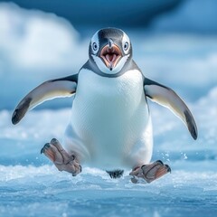 A penguin slipping on ice with a shocked expression, flippers flailing, frozen lake in the background, captured with a telephoto lens, cool blue tones, humorous and dynamic
