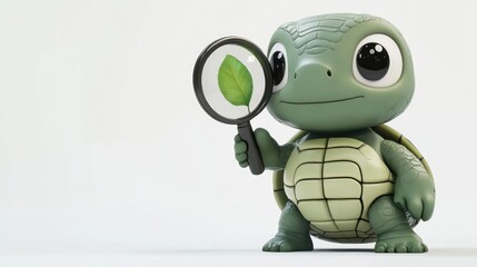 Obraz premium A cute cartoon turtle holding a magnifying glass, examining a leaf.