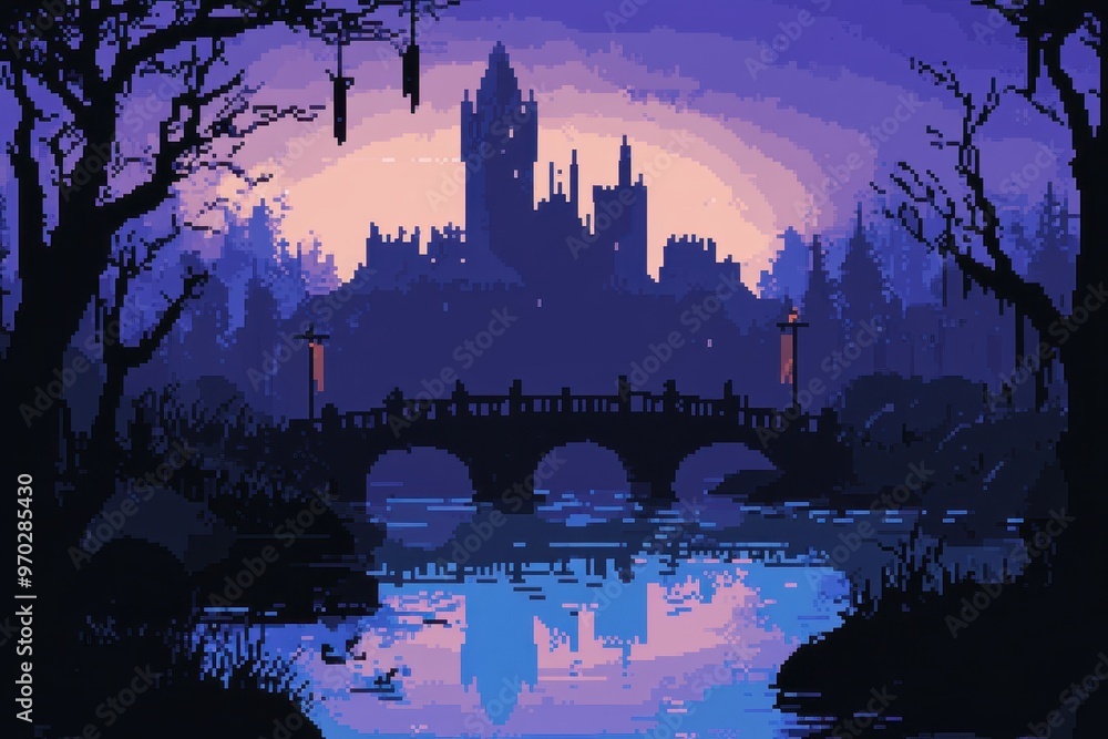 Poster retro 8-bit pixel castle with fallen banners and copy space for text