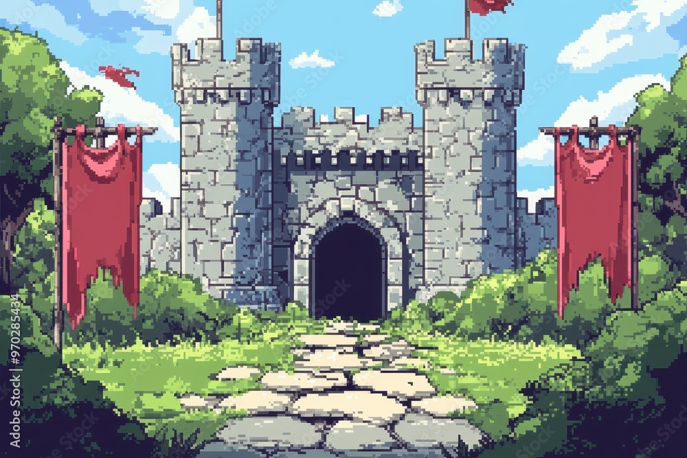 Poster retro 8-bit pixel castle with fallen banners, copy space for text - nostalgic video game design conc