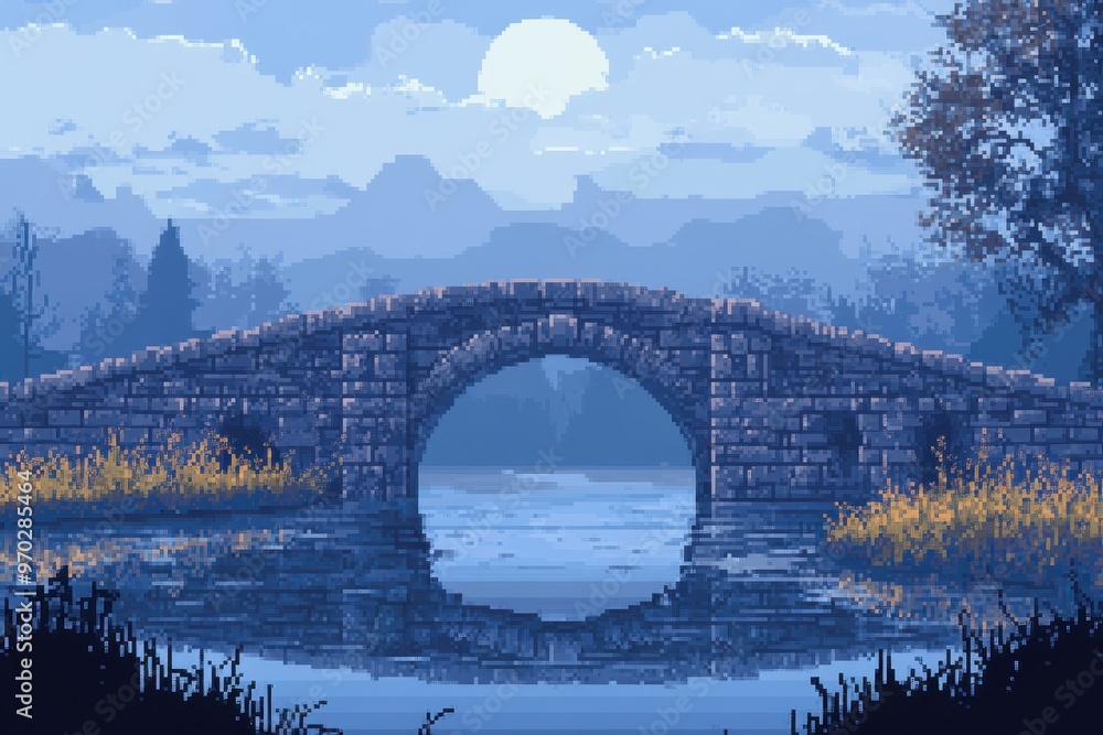 Poster pixelated retro abandoned castle bridge with empty sky for copy space
