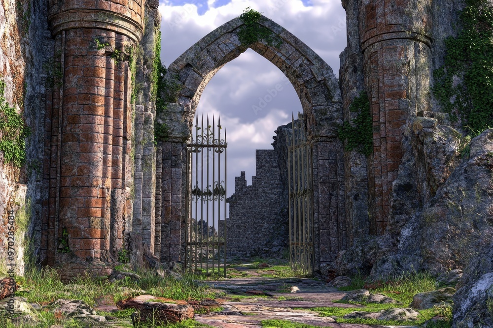 Poster abandoned 16-bit castle with broken gate - copy space for text in open area