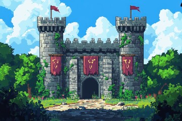Retro 8-Bit Pixel Castle with Fallen Banners and Copy Space for Text