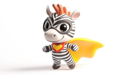 A cute cartoon zebra character in a superhero costume with a cape and a heart emblem.