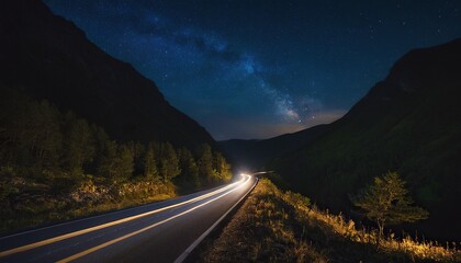 Long exposure of winding road with light trails through a forest at night 3