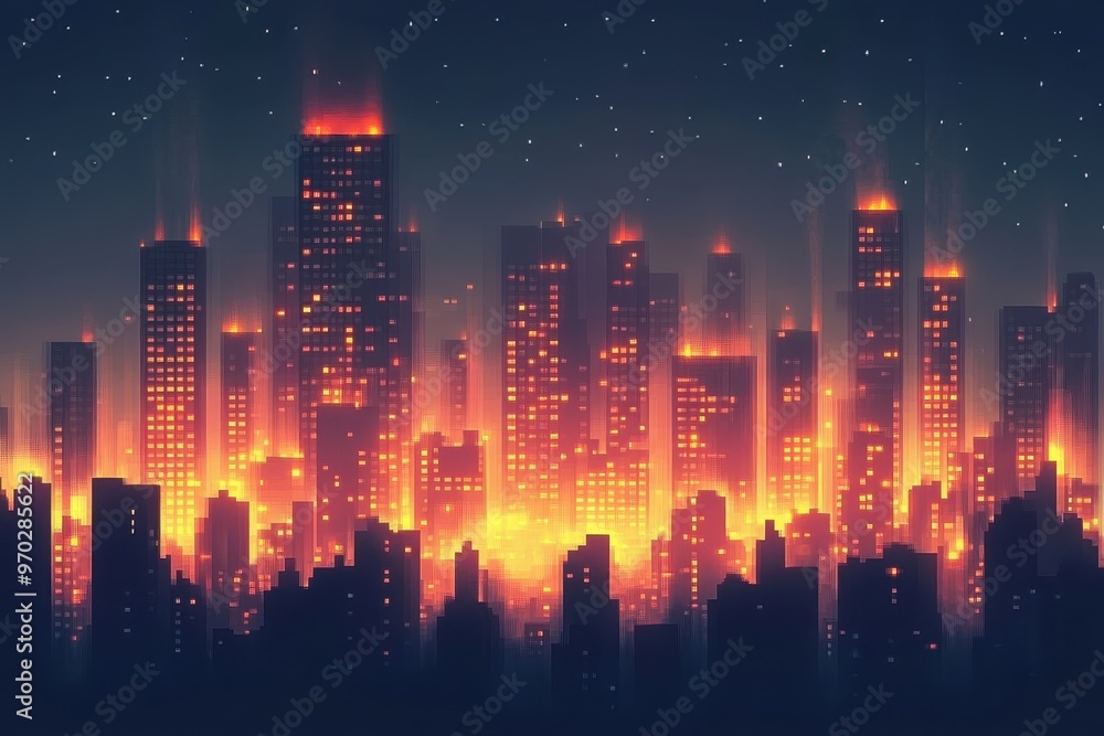 Aufkleber futuristic 16-bit pixel cityscape with glowing windows under open sky for copy space design concept