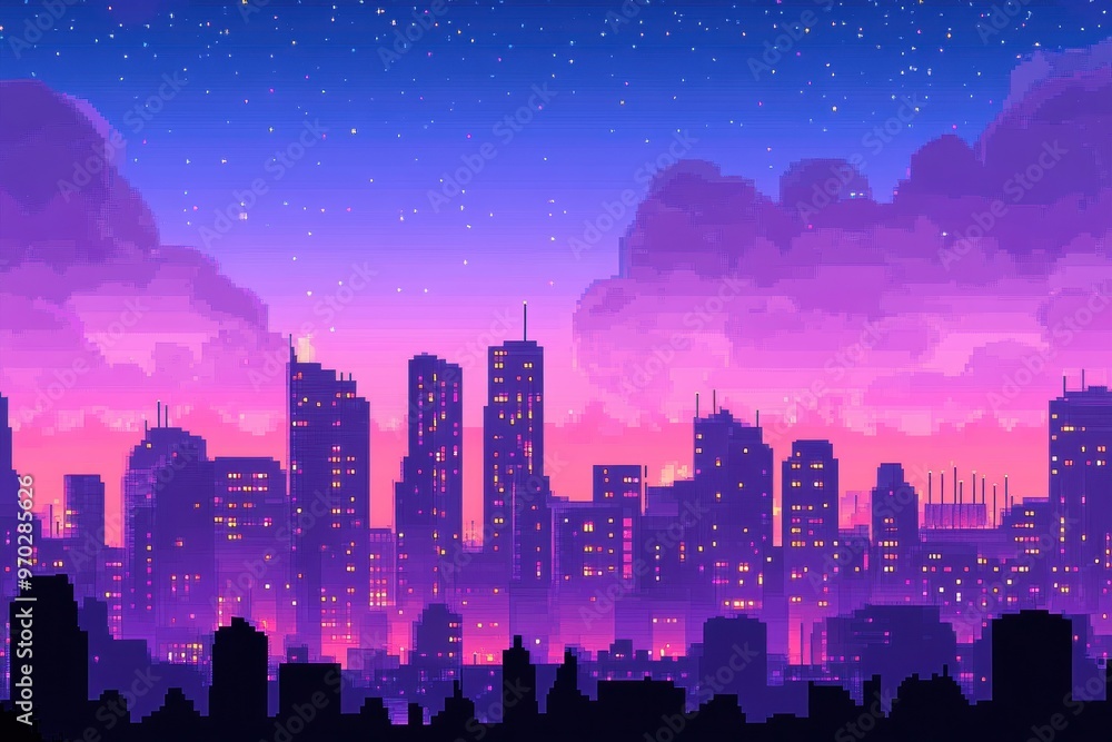 Poster futuristic 16-bit pixel cityscape with glowing windows and copy space in open sky
