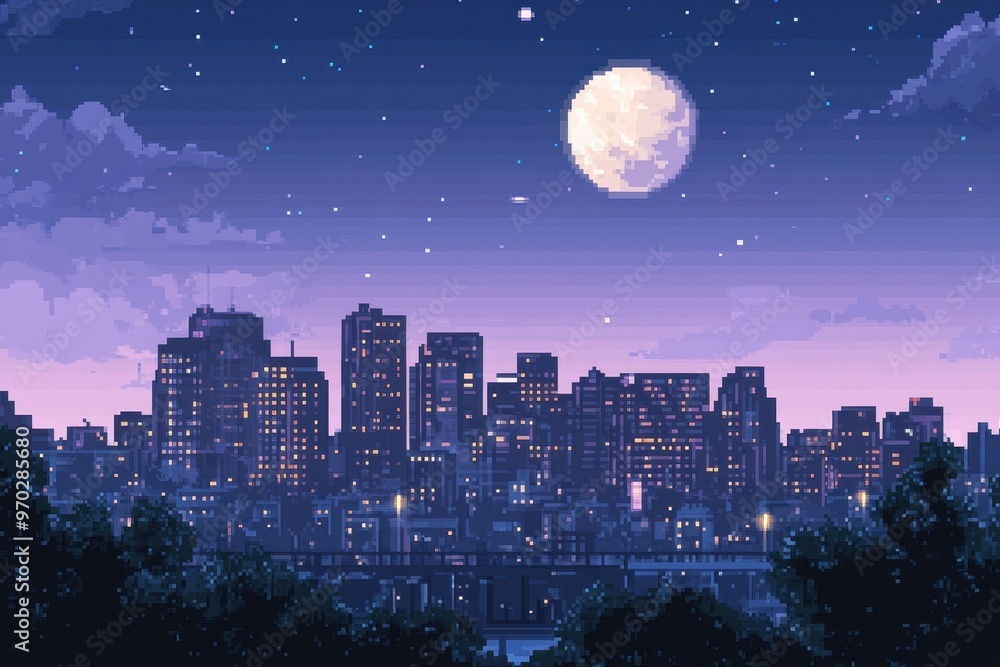 Poster retro 8-bit pixel skyline silhouette in moonlit sky with clear background for text