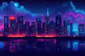 Obraz premium Vibrant Retro Pixel Cityscape with Neon Signs on Night Sky Background for Copy Space