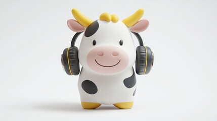 Naklejka premium A cute cow figurine wearing headphones, symbolizing fun and music enjoyment.