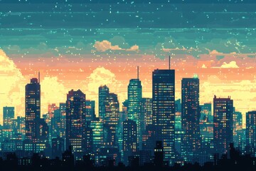 Obraz premium Retro Pixelated City Skyline with Blank Copy Space Skyline for Text Overlay