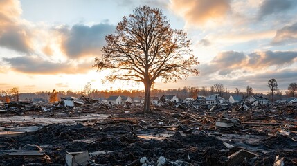 A single resilient tree stands tall amidst a devastated landscape, surrounded by fallen trees and collapsed homes, conveying hope in the aftermath of destruction