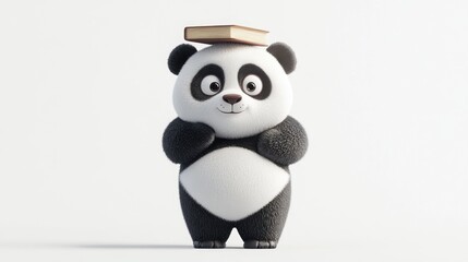 Obraz premium A cute panda character balancing a book on its head, symbolizing learning and playfulness.