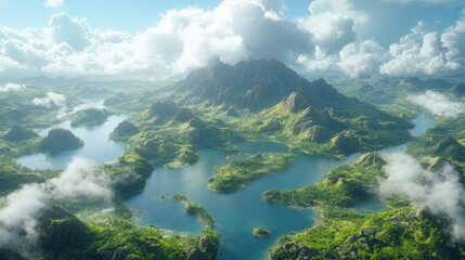 Aerial View of a Mountainous Landscape with Winding Lakes and Clouds