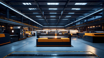 Obraz premium industrial workshop with multiple laser cutting machines working simultaneously, each cutting through metal parts with remarkable efficiency and speed