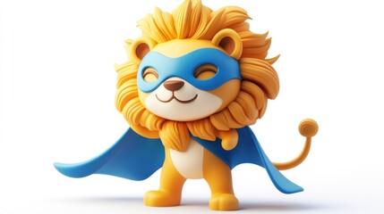 Obraz premium A cute superhero lion character with a blue mask and cape, designed for children's entertainment.