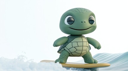 A cute turtle character surfing on a wave, showcasing fun and adventure.