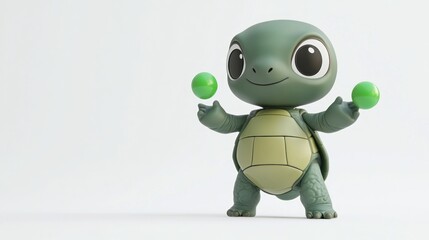 A cute turtle figurine juggling green balls, showcasing playfulness and charm.