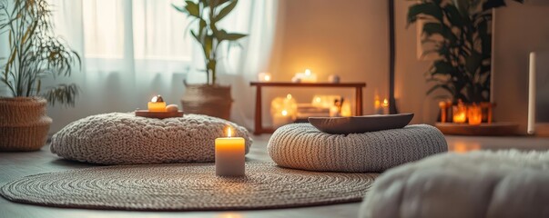 A serene meditation corner in a home, filled with soft cushions, candles, and a sense of peace and inner happiness