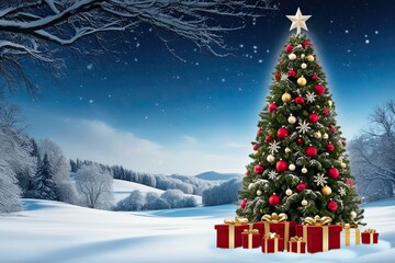 Enchanting Winter Wonderland with Snowy Scenery and Graceful Christmas Tree