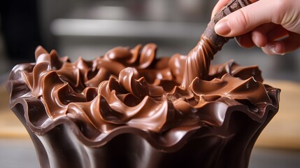 A hand piping melted chocolate into a decorative mold, creating a unique chocolate creation