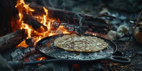 Close up of preparing cereal pancakes over a campfire using an ancient traditional recipe outside Recreation of a rustic medieval kitchen