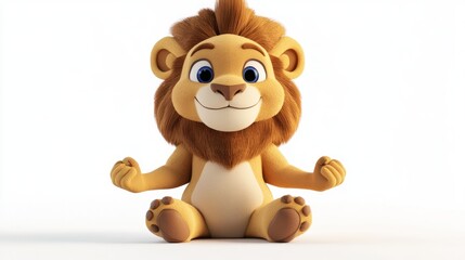 Naklejka premium A cute, cartoon lion character sitting in a meditative pose, promoting calmness and positivity.
