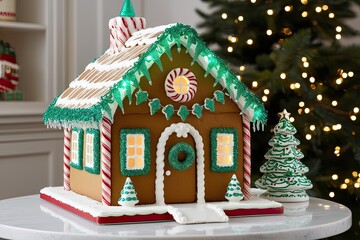Charming Gingerbread Cabin Adorned with Glittering Green Lights for a Magical Holiday Season