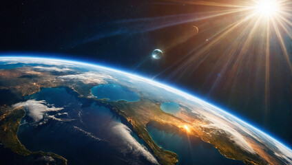 Fototapeta premium The Earth with a radiant sun and distant planets, viewed from space