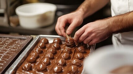 A chocolatier carefully tempering chocolate, ensuring a smooth and shiny finish