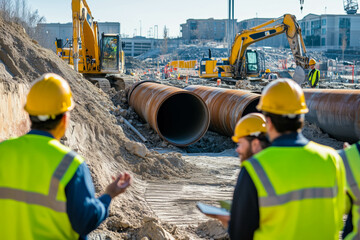 Engineers discussing pipeline design at construction site