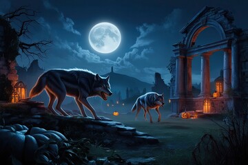 Spooky Halloween Night Scene with Werewolves and Haunted Ruins
