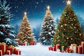 Obraz premium Beautiful Christmas Backdrop with Abundant Snowfall Majestic Trees and Colorful Holiday Decorations for a Festive Celebration