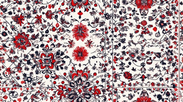 Uzbekistan Rustic Boho in Red Gray Ethnic Pattern Ink Spanish Geometric Batik Design Red Floral Pattern in Turkish Style Boho Tribal Ornament with Red Florals Geometric Flower Floor in Moroccan St