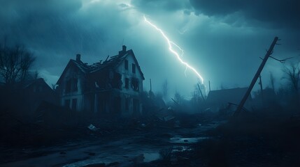 Fototapeta premium An ominous landscape with shattered trees and crumbling homes, eerie shadows creeping as lightning cracks through the stormy sky, tension fills the air
