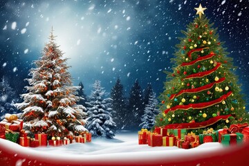Beautiful Christmas Background with Abundant Snowfall Majestic Trees and Colorful Decorations for Holiday Festivities