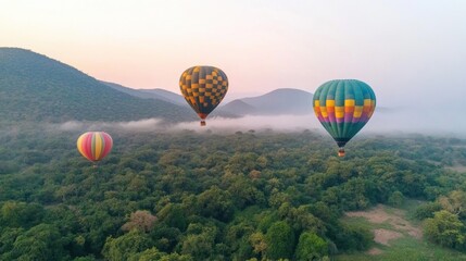 Naklejka premium Colorful hot air balloons drift gracefully above mist-covered mountains during the early morning, showcasing a peaceful vista