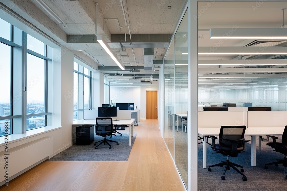Poster bright open office space featuring refreshing soft-focus modern design and clear views