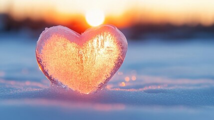 Fototapeta premium A heart-shaped piece of ice reflects warm light against a snowy background during a stunning sunset